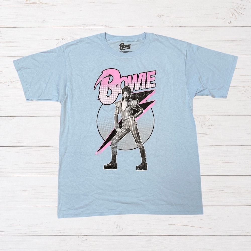 David Bowie Graphic Tee Glam Rock Pink Lightning Baby Blue T Shirt L